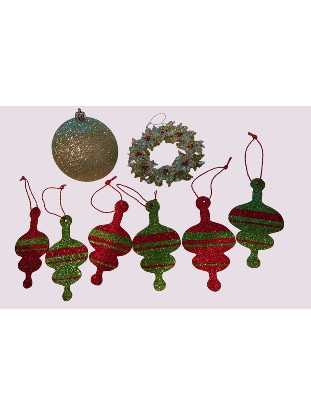 Set Of Glittery Christmas Tree Ornaments Wreath Ball 6 Red/Green Swirl Shapes Ho